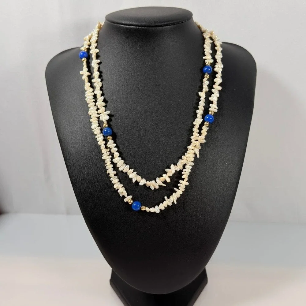 Vintage Rice Pearl Necklace Lapis Lazuli & 14K Gold Accent Beads 35